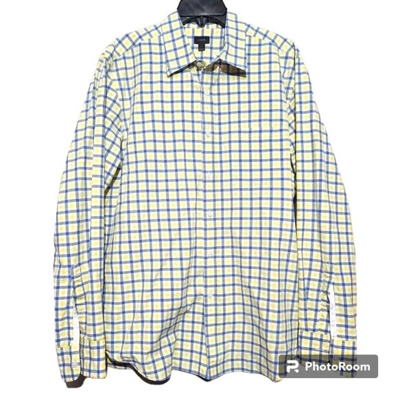 J. Crew Yellow Blue Plaid Cotton Button Up Shirt Size L - Picture 1 of 4